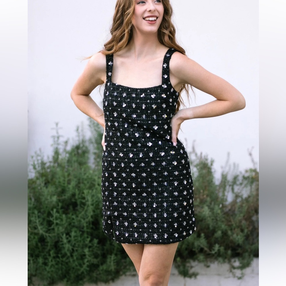 Storia Sequin Tweed Clovers Flowers Side Slit Mini Party Dress Size Large - Picture 16 of 16